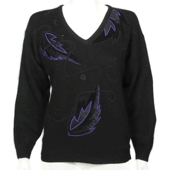 NWT Vintage 80's Applique Black Purple Silk Angora Shoulder Pad Sweater sz M 595 - Picture 1 of 6